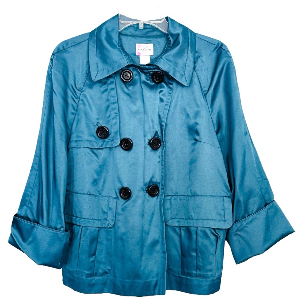 Emma James Size 10 Teal Double Breasted Jacket Pockets Polyester-Rayon NWOT